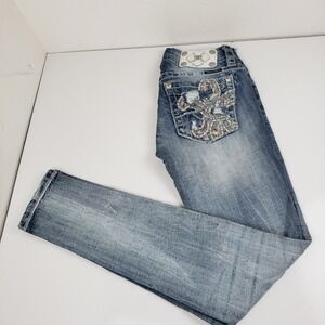 Miss Me Signature Skinny Jeans Womens 25 Medium Wash Embroidered Fleur De Lis
